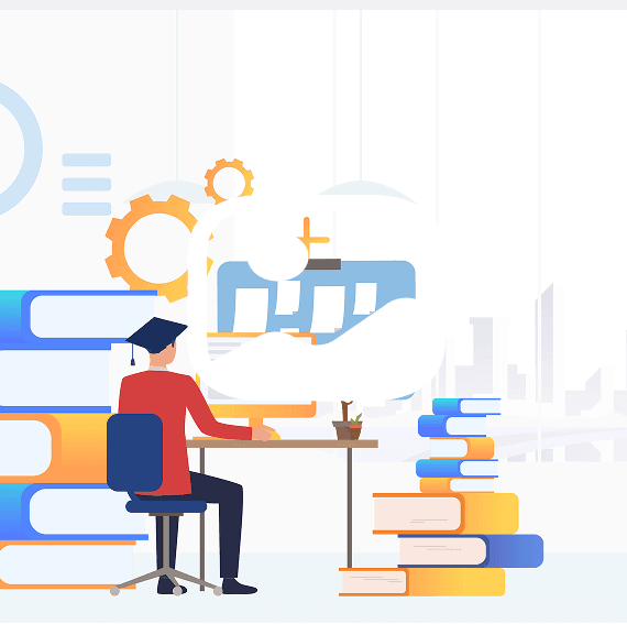 Educational illustration with person at desk surrounded by books and gears